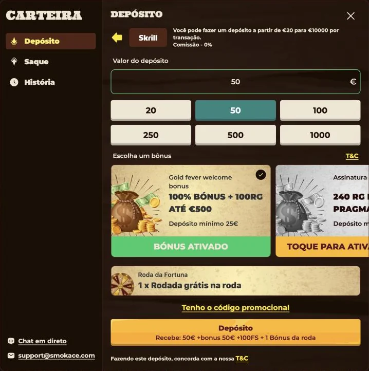 SmokAce welcome bonus cashier